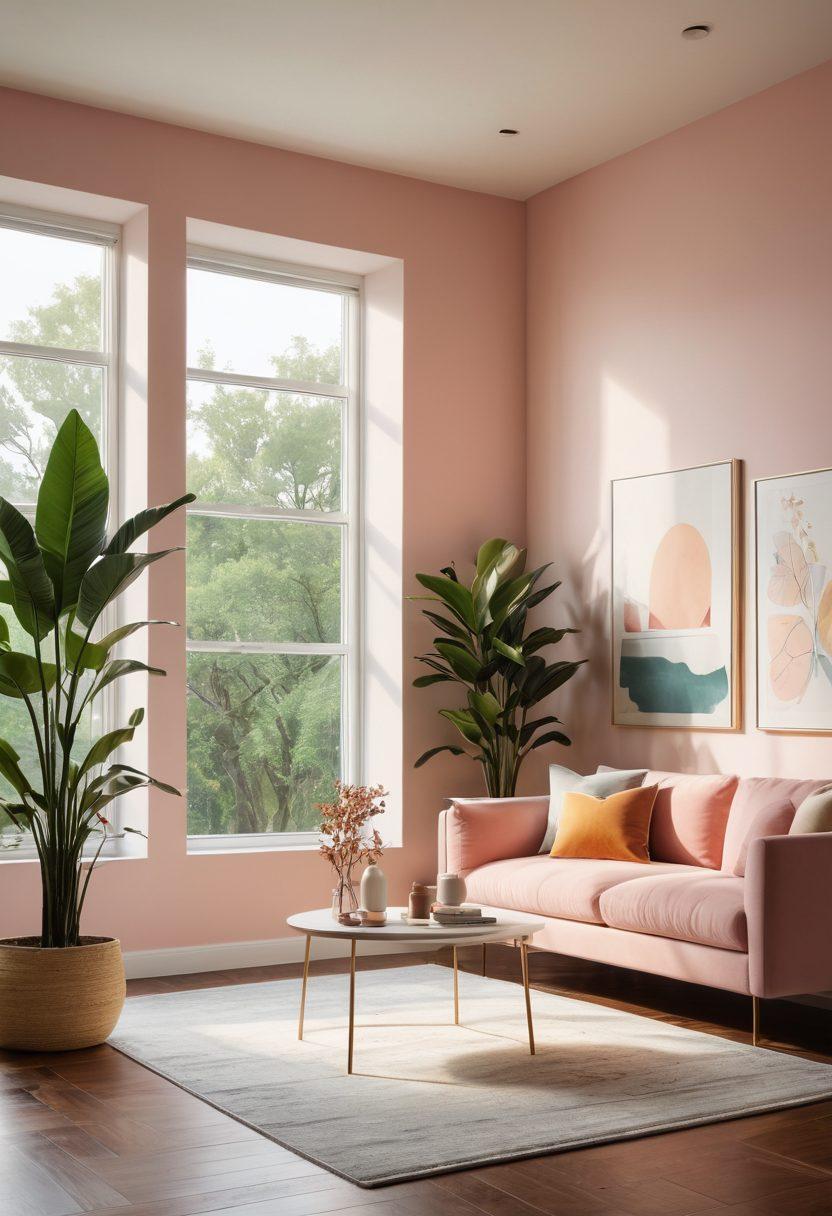 An elegantly designed room featuring minimalist furniture with sleek lines, soft pastel colors, and natural light pouring in from large windows. Include decorative plants and stylish art pieces that embody modern aesthetic design principles. The scene should evoke a sense of tranquility and elegance, perfect for a blog about elevating spaces. super-realistic. vibrant colors. soft lighting.