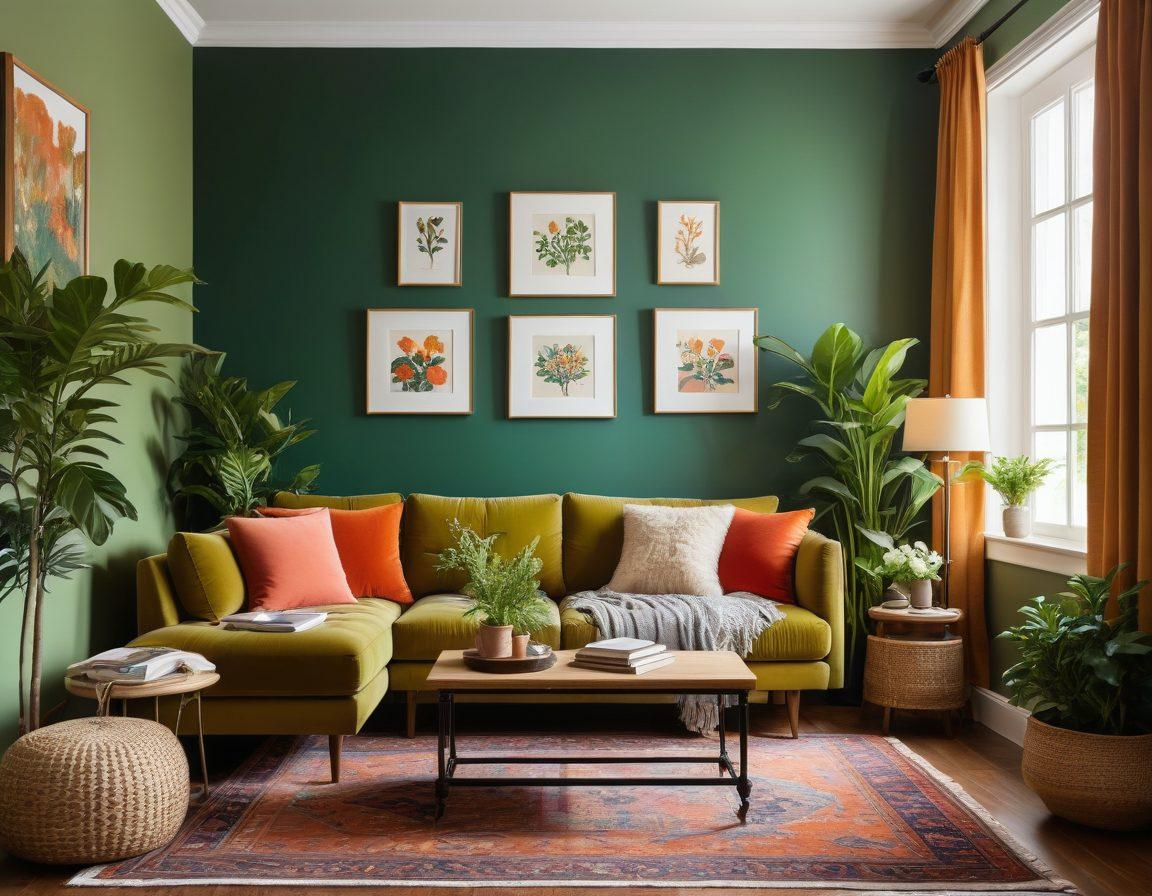An inviting interior space featuring a harmonious blend of vintage and modern decor, lush greenery, and soft ambient lighting. Include an elegantly arranged reading nook with textured fabrics, vibrant artwork on the walls, and a wooden coffee table adorned with stylish decor items. Emphasize the beauty of a cozy atmosphere that inspires creativity and comfort. super-realistic. vibrant colors. warm tones.