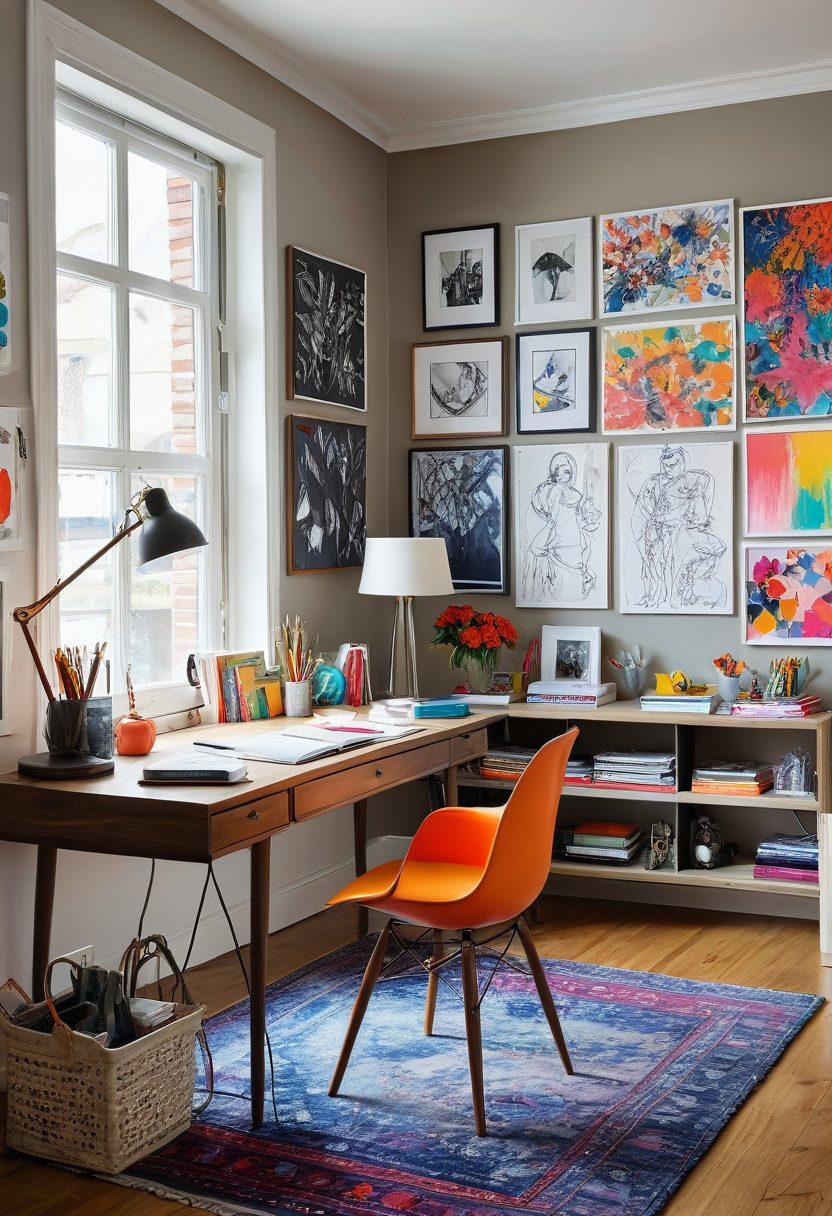 A vibrant workspace filled with eclectic design elements, including bold color palettes, modern furniture, and unique artistic installations. Showcases a blend of natural light and creative chaos, with art supplies scattered around and inspiration boards on the walls. Include stylish accessories and elements of graphic design integrated into the space. super-realistic. bright colors. dynamic composition.